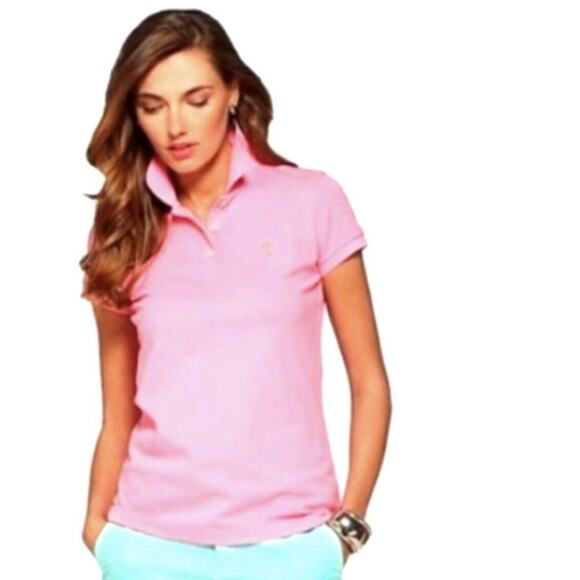 Lilly Pulitzer Shrunken Pink Short Sleeve Polo Green Palm Preppy core petite‎ M - Picture 2 of 10